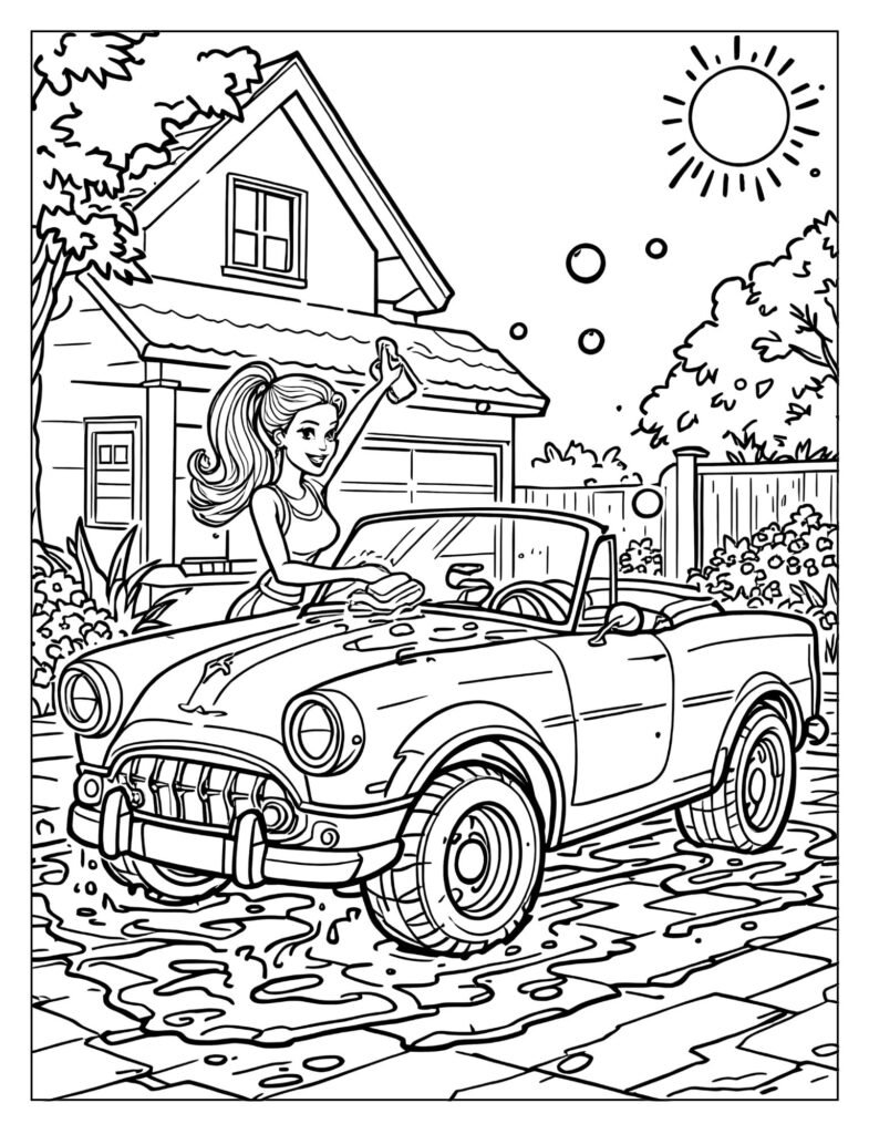 Barbie happily washing shining her car coloring page