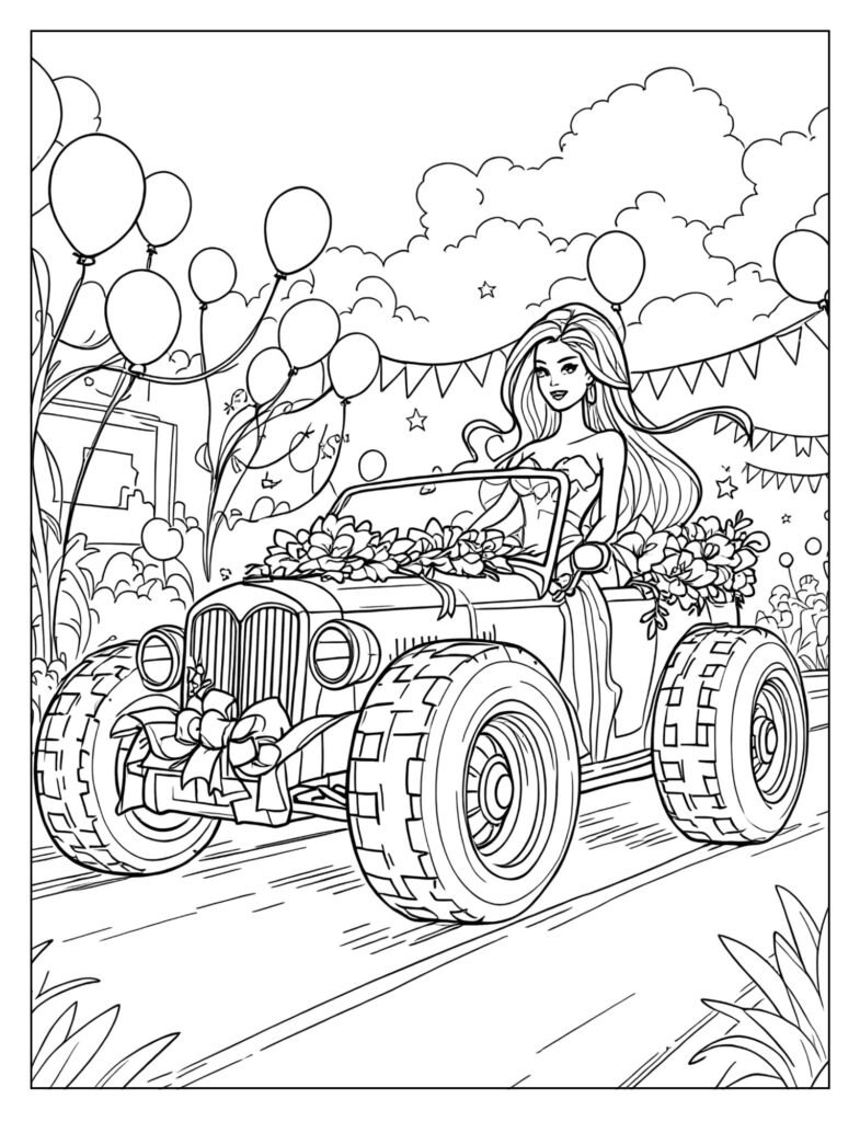 Barbie's car decorated with beautiful flowers ribbons coloring page

