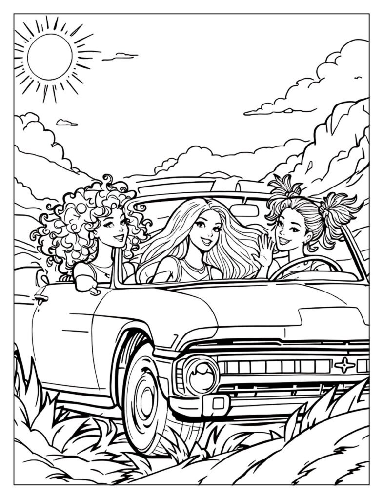 Barbie and friends riding in car laughing coloring page