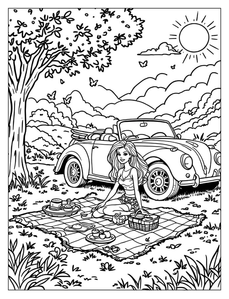 Barbie's convertible parked for picnic coloring page