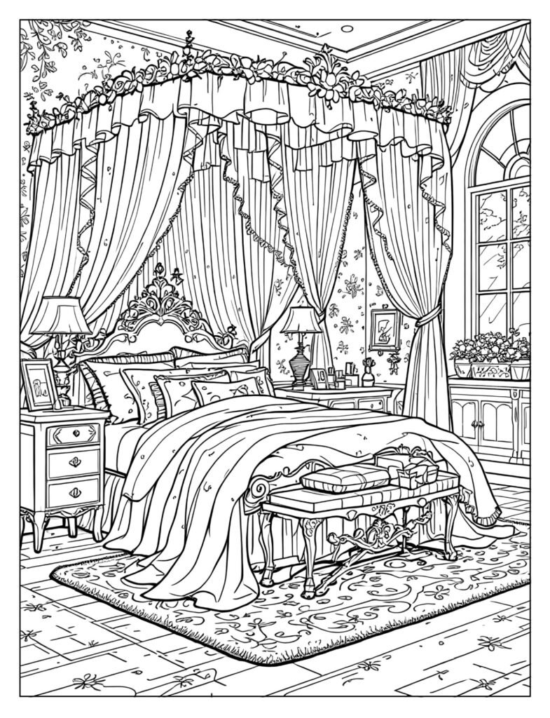 Barbie's luxurious Dreamhouse bedroom canopy bed coloring page