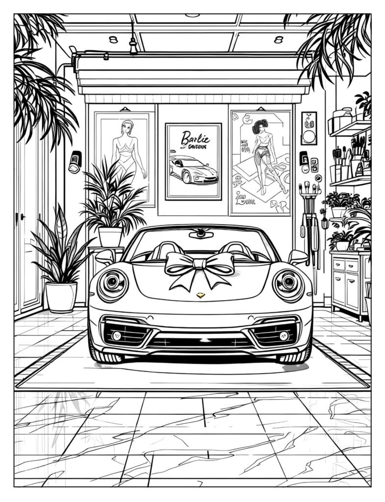 Barbie dream car parked in luxurious garage coloring page