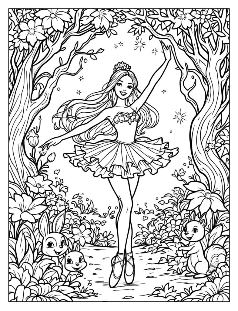 Ballerina Barbie dancing in enchanted forest coloring page