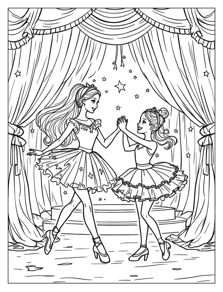 Ballerina Barbie dancing playfully with friend coloring page