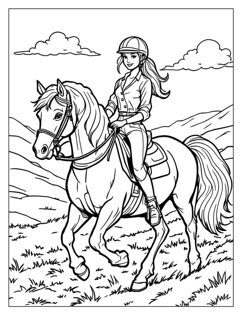 Barbie wearing a stylish helmet and jodhpurs, sitting gracefully on a horse that is walking slowly.
