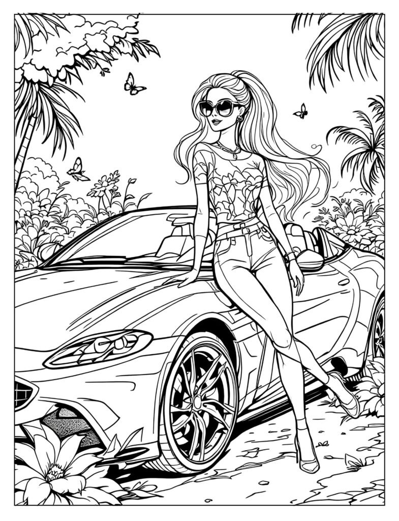 Barbie posing with sleek glamorous sports car coloring page