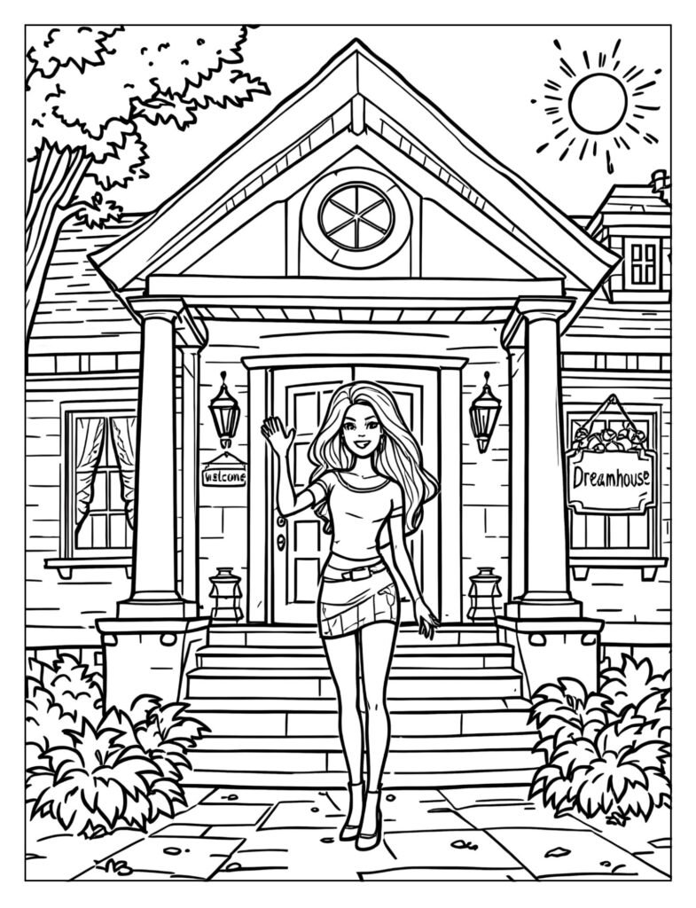 Barbie standing at Dreamhouse front door coloring page