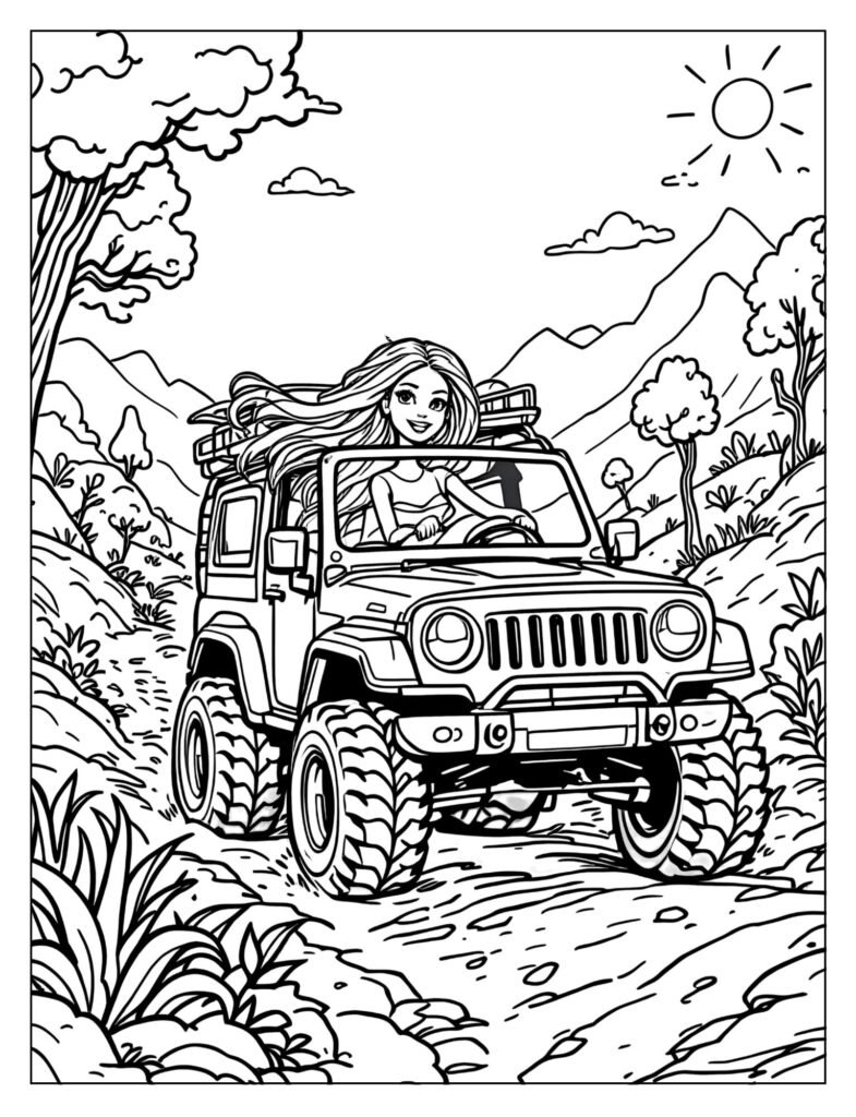 Barbie's rugged jeep off-road adventure coloring page

