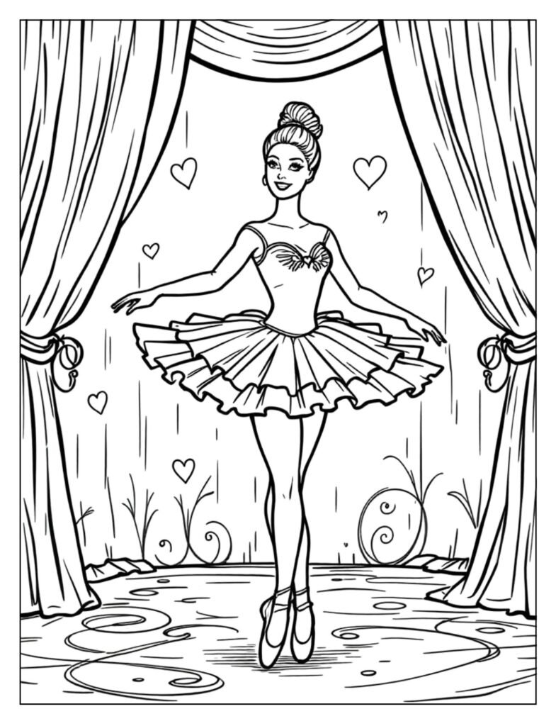 Ballerina Barbie perfect pirouette swirling tutu coloring page

