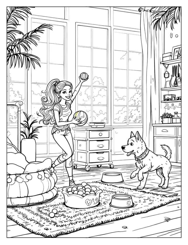 Barbie playing with pets in Dreamhouse playroom coloring page