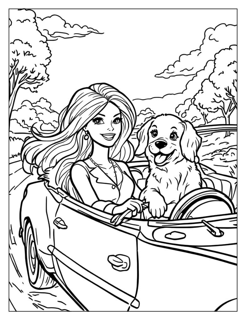 Barbie driving with favorite pet in car coloring page

