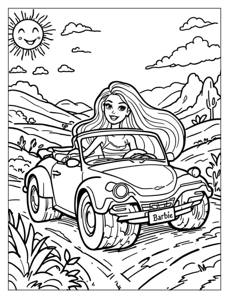 Barbie driving pink convertible top down coloring page