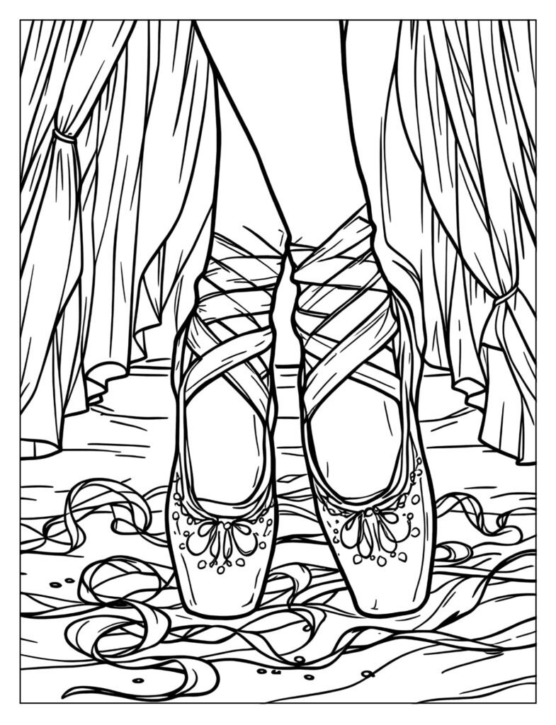 Detailed Ballerina Barbie pointe shoes tied ribbons coloring page