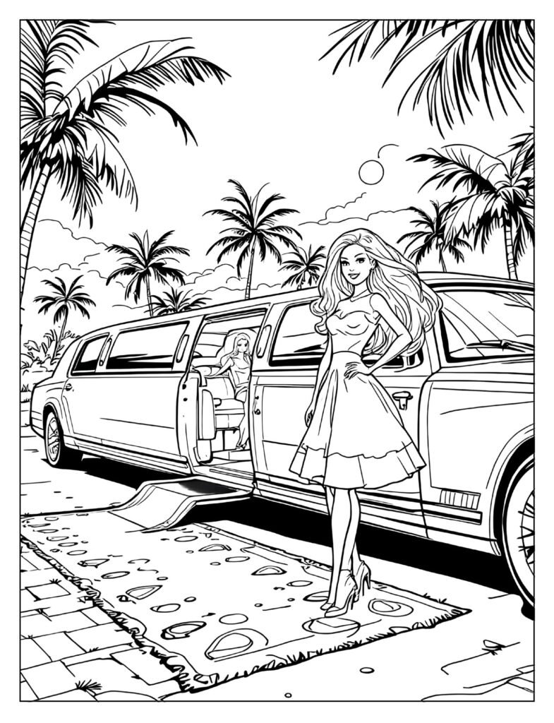 Barbie's glamorous pop star limousine coloring page