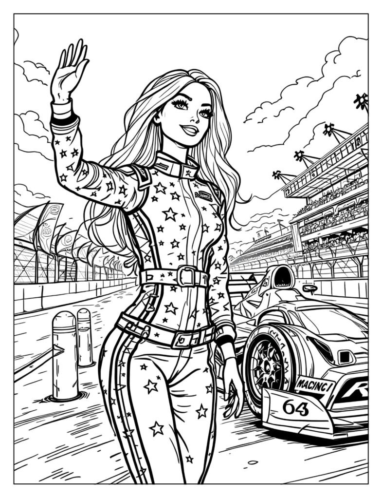 Barbie in racing suit with customized race car coloring page