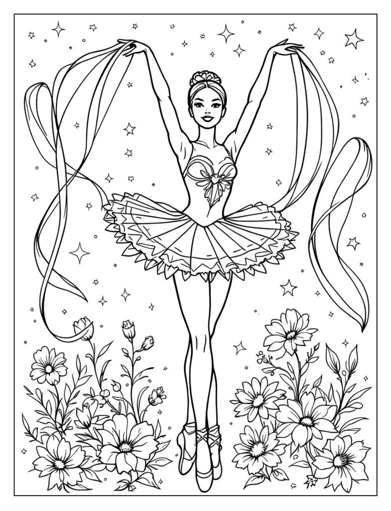 Ballerina Barbie dancing with flowing ribbons coloring page