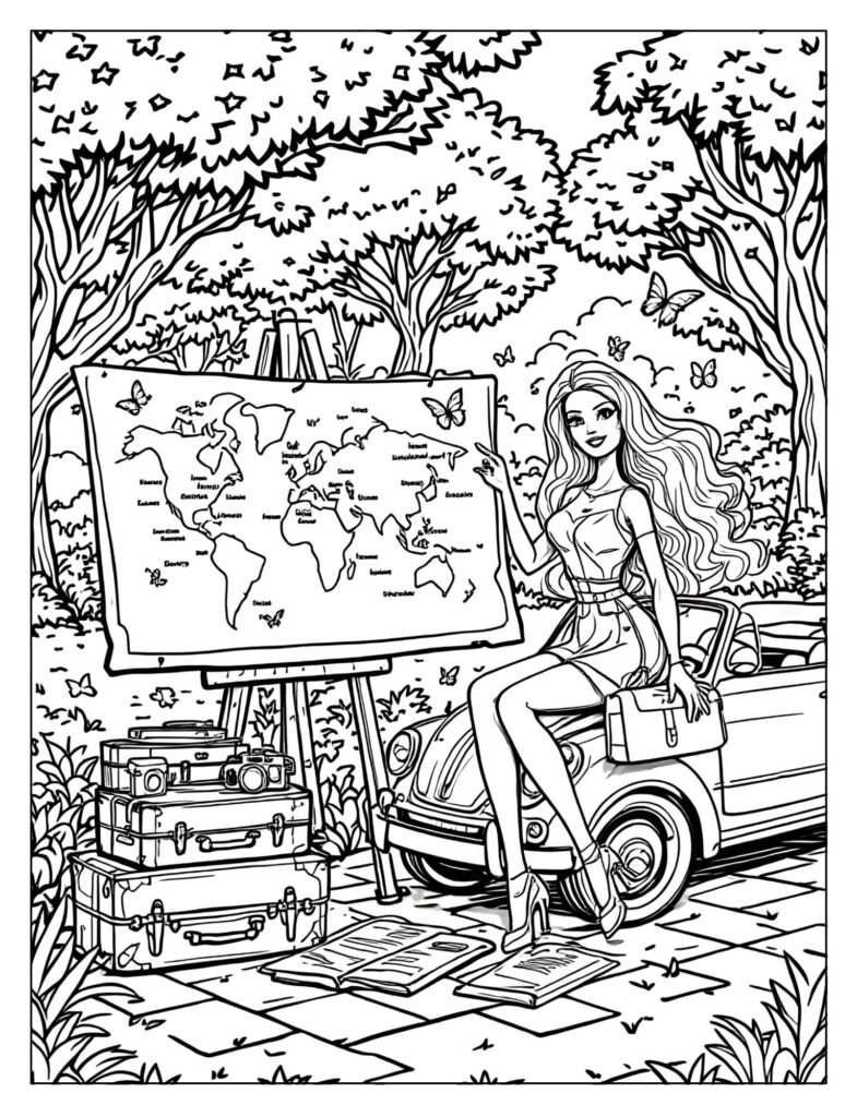 Barbie's car packed for road trip adventure coloring page