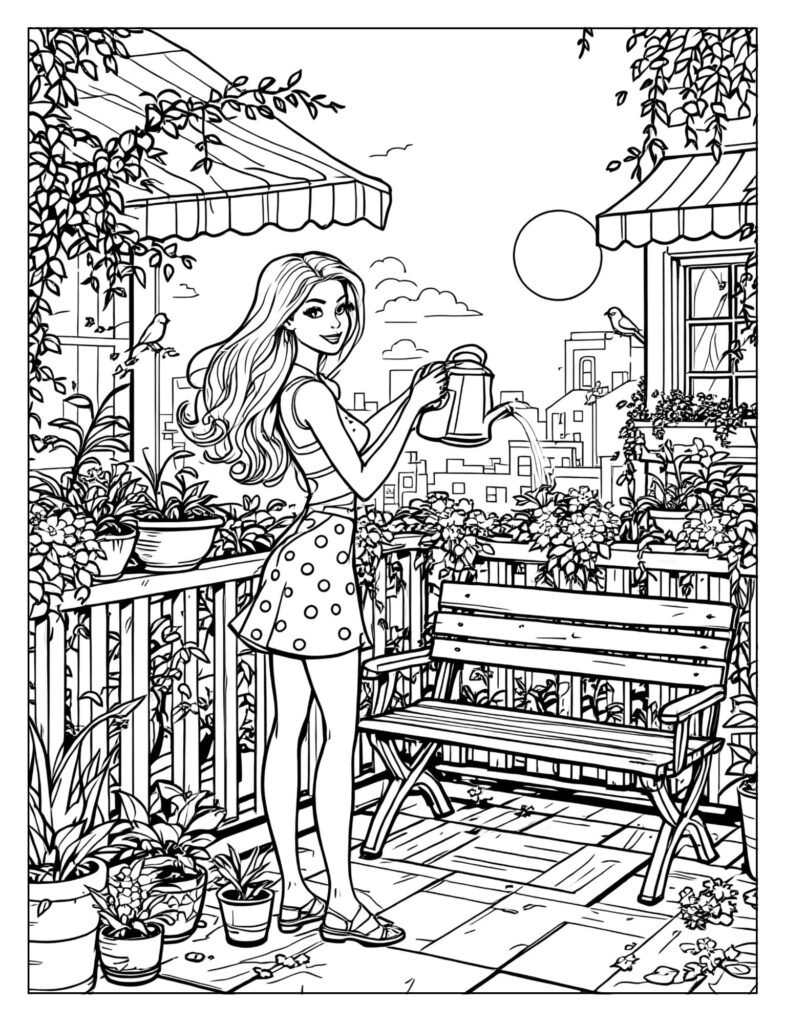 Barbie tending rooftop garden Dreamhouse coloring page