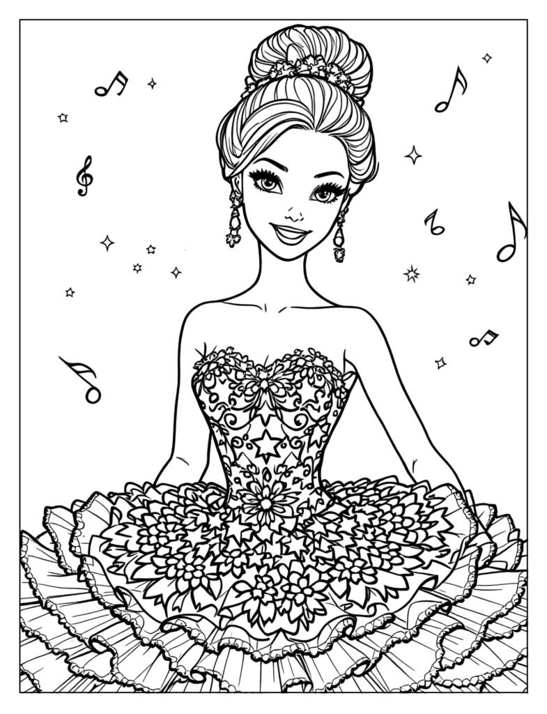 Close-up Ballerina Barbie sparkling tutu intricate details coloring page