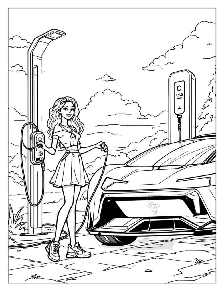 Barbie charging futuristic electric car EV coloring page