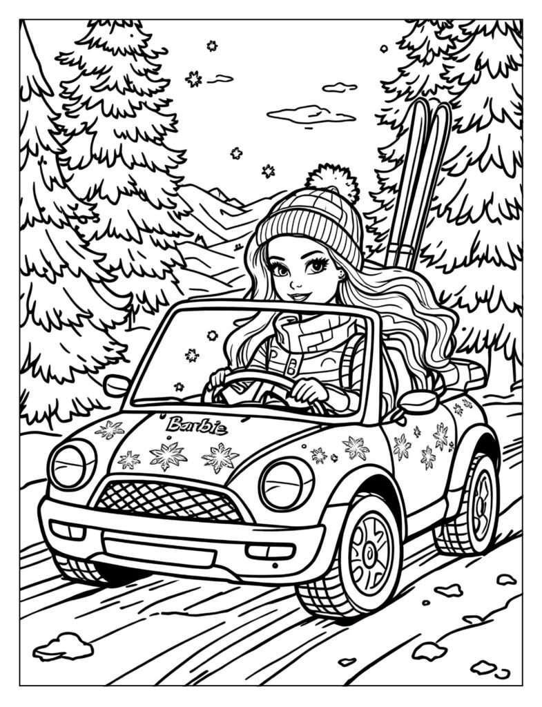 Barbie's car adapted for winter snowy scene coloring page