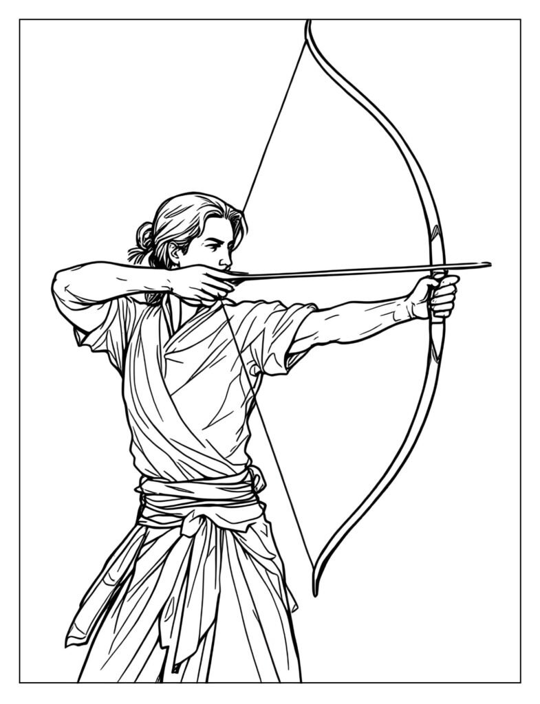 Archer drawing a simple barebow (recurve bow without sights or stabilizers), emphasizing raw skill.