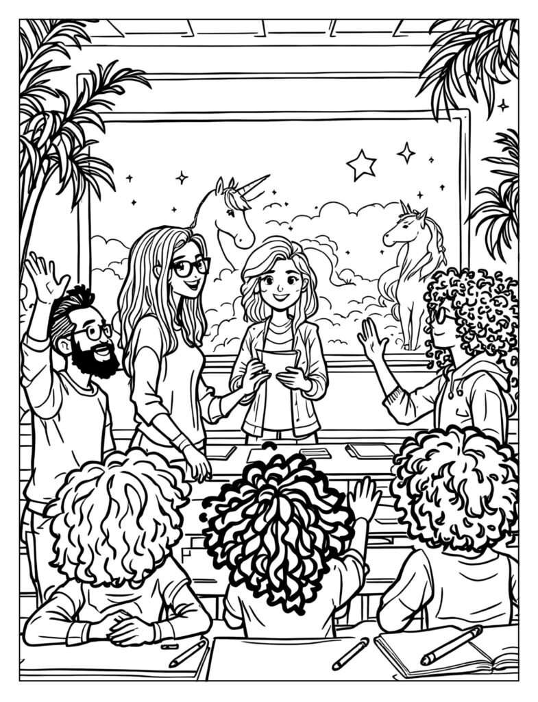 Students and unicorns listening to Ms. Barlow's lesson coloring page