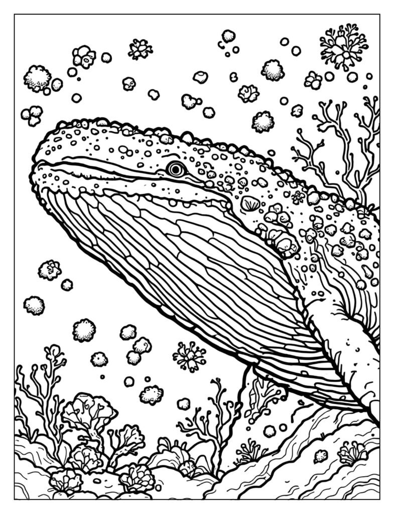 Close-up drawing of a humpback whale's head, showing the knobby tubercles and clinging barnacles.