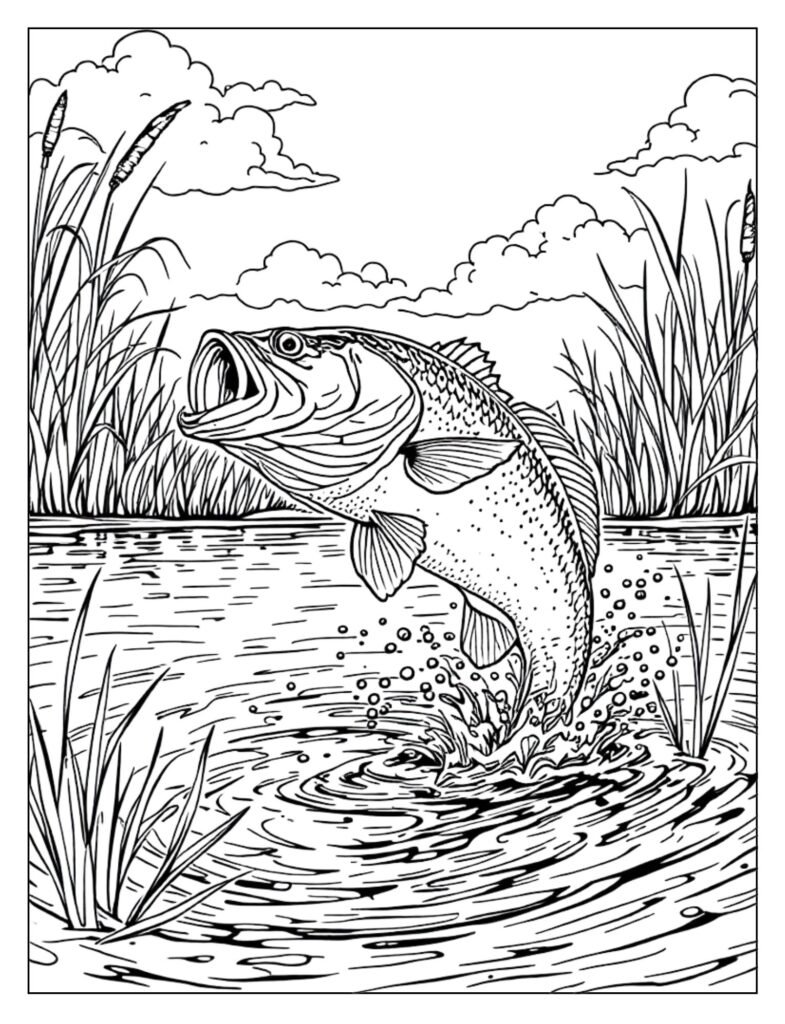 Exciting line art of a bass fish attacking a lure or bait, depicting an aggressive strike.