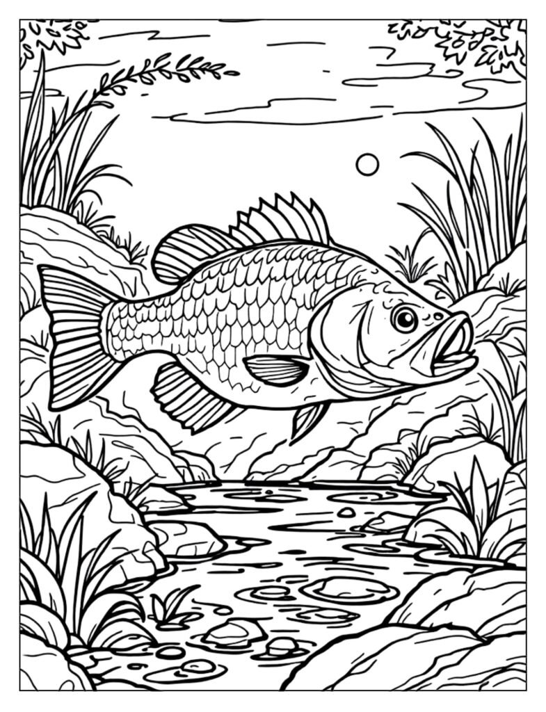 Comprehensive line art of a complete bass fishing scene, including a boat, angler, and jumping bass.