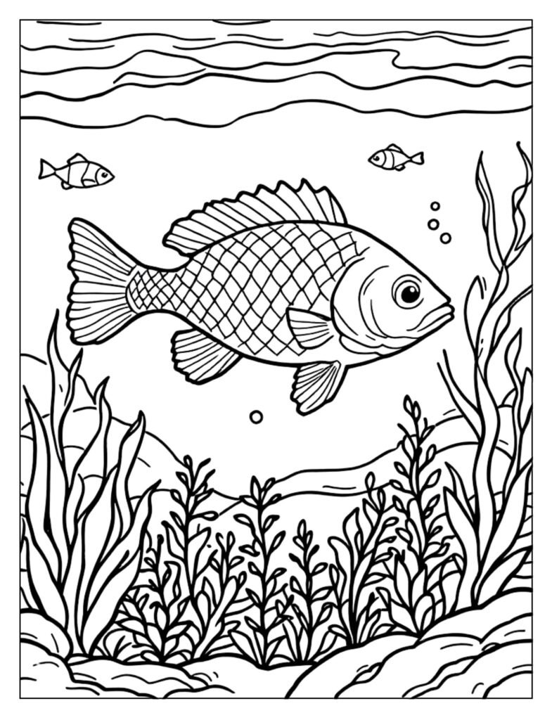 Detailed line art of a largemouth bass swimming in an intricate underwater scene with plants and rocks.