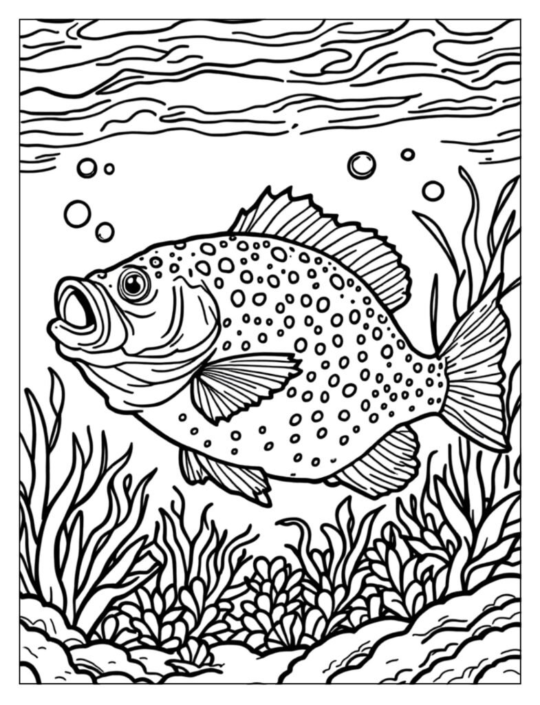 Realistic line art of a bass visible in clear water, showcasing its scales and fin details.