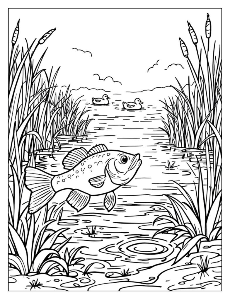 Peaceful line art of a bass swimming calmly in a still lake environment with lily pads and weeds.