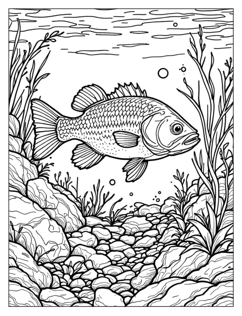 Scenic line art of a bass swimming in a flowing river environment with riverbed rocks and currents.