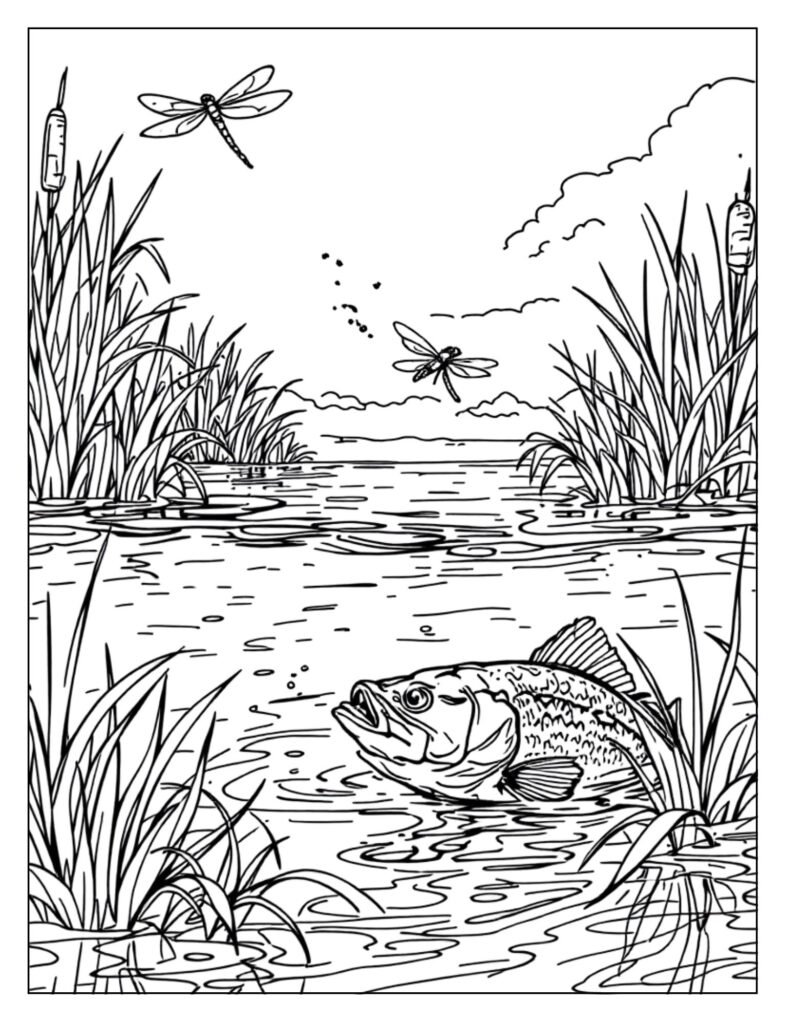 Realistic line art of a bass fish caught or aggressively attacking a spinnerbait fishing lure.