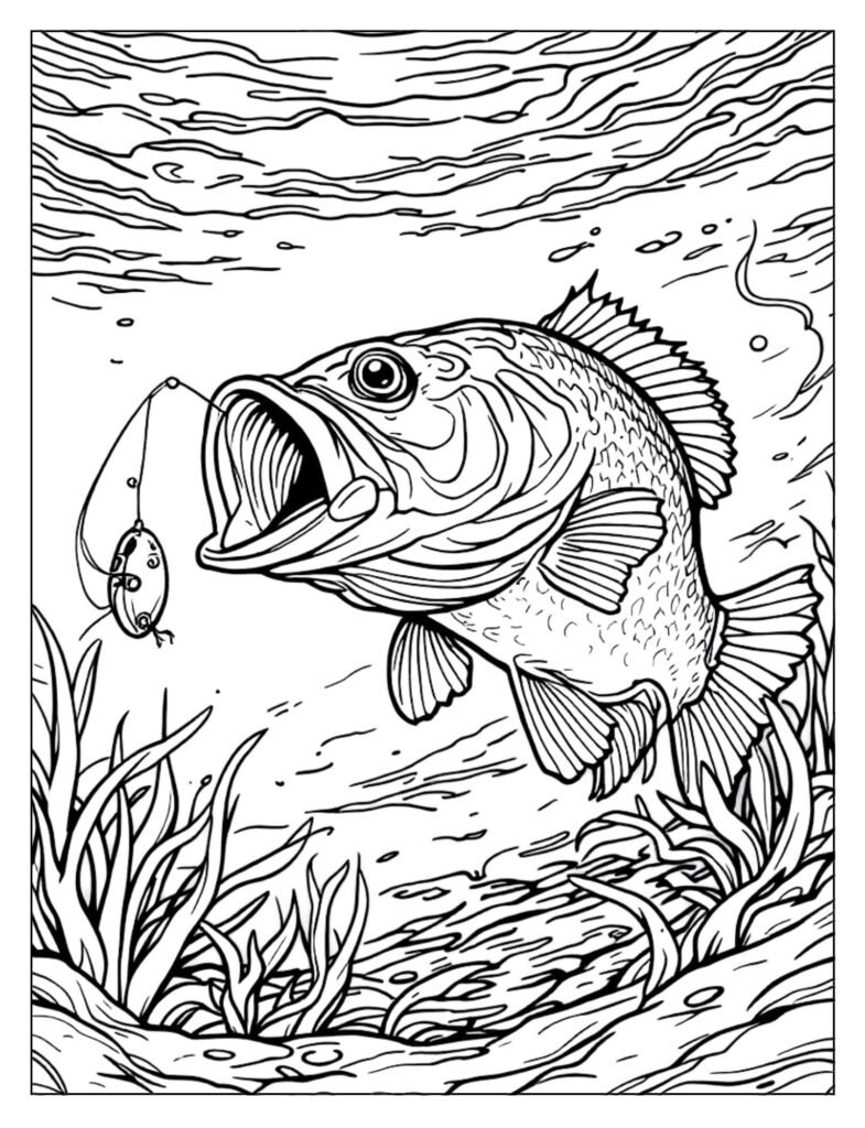 Line art of a bass fish with a fishing hook clearly visible in its mouth, representing a catch.