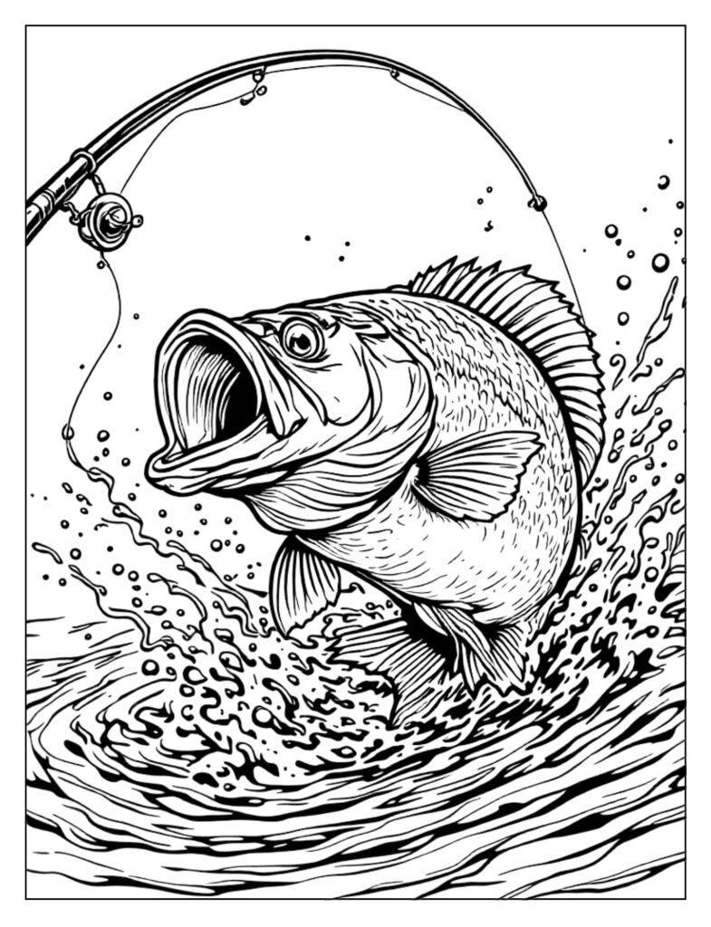 Detailed line art of a bass fish about to strike or caught with a specific fishing lure.