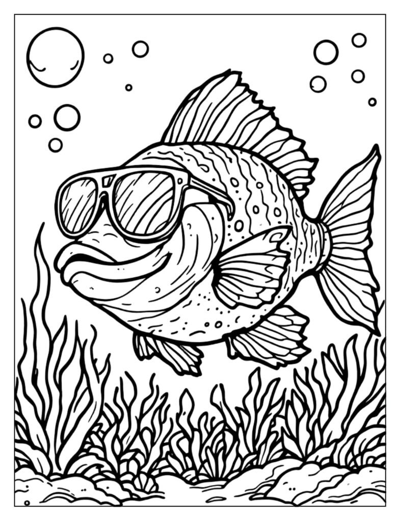 Humorous, cartoon-style line art of a bass fish wearing glasses, a silly and fun concept.