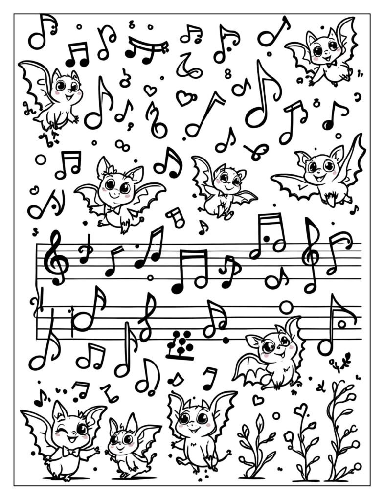A pattern of musical notes mixed with small bats.