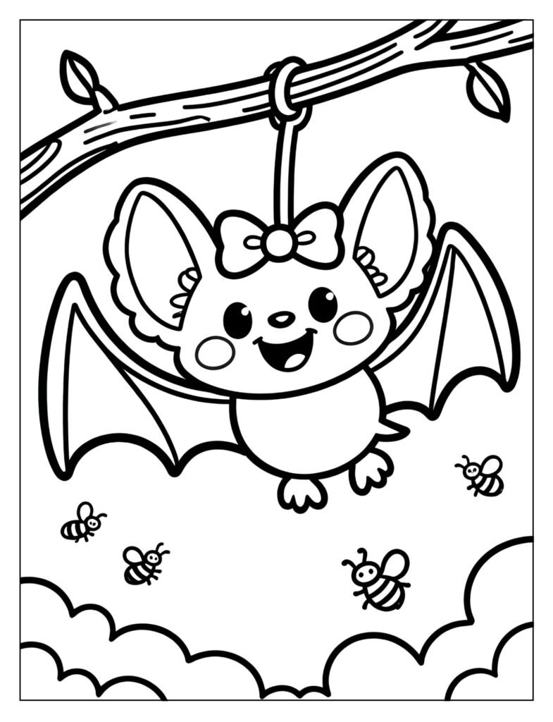 A cute bat with a bow, hanging upside down.
