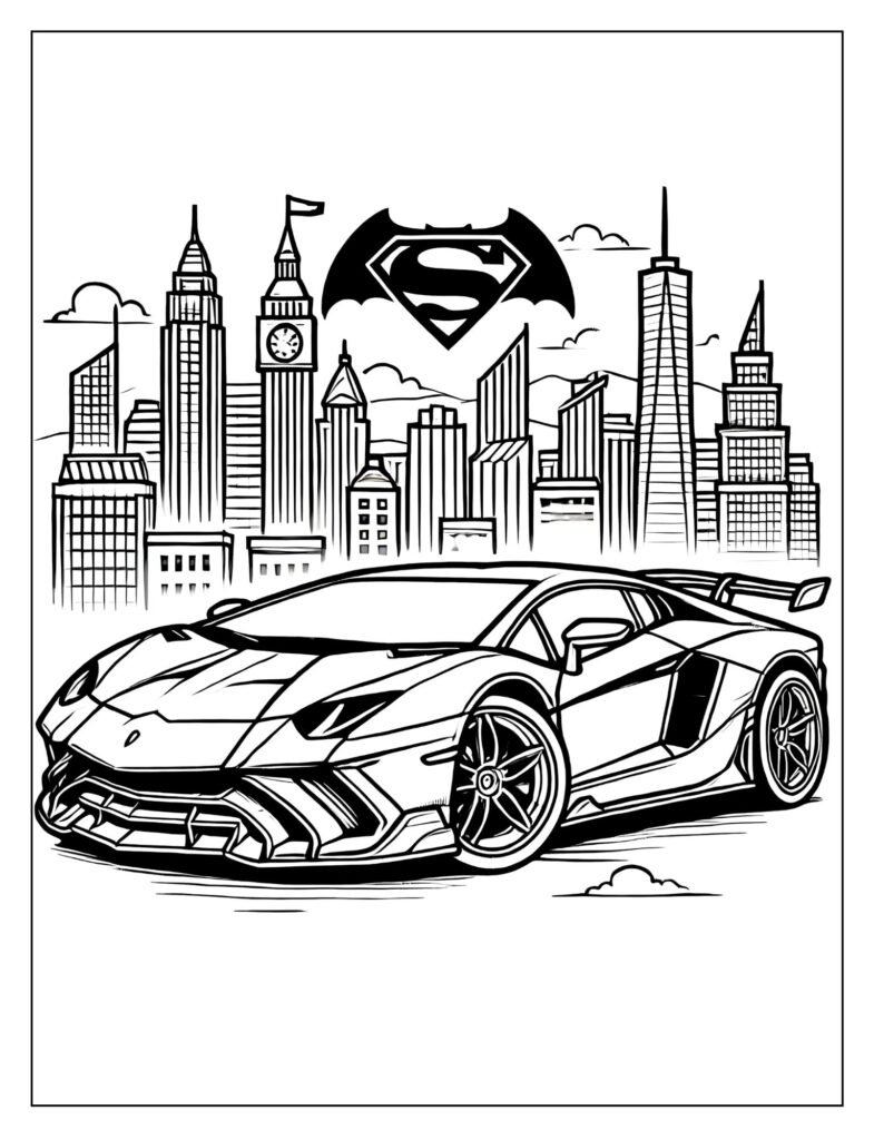 Line art of a dramatic, stylized Batman Super Car or Batmobile-inspired vehicle.