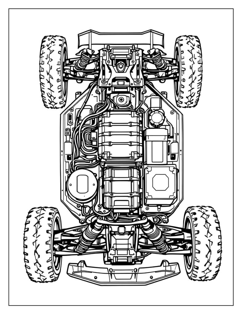 Technical drawing focusing on the inside of an RC car's chassis, showing the electric motor, battery pack, and steering servo.