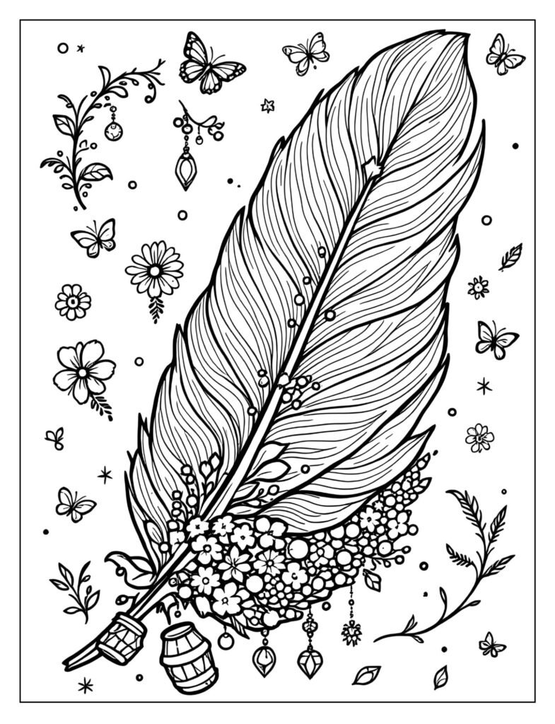 A single turkey feather with outlines for decorative beads, jewels, and charms hanging from the quill.