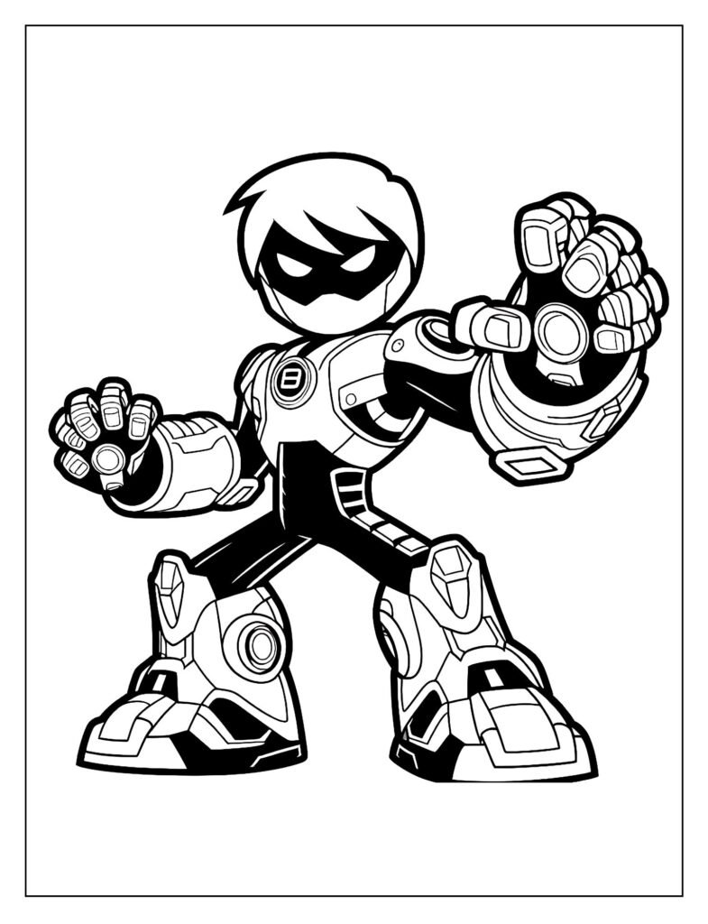 A black and white outline drawing showing Ben 10 and one of his alien forms engaged in an adventurous scene, ready for coloring.
