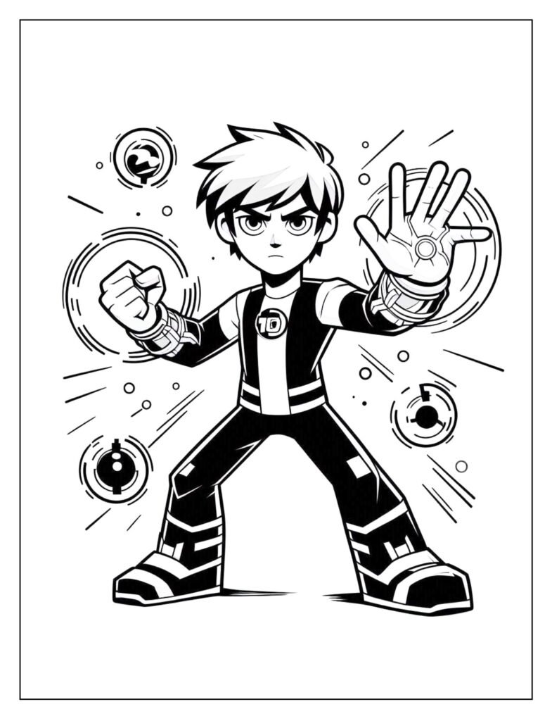 An outline illustration depicting Ben 10 (possibly as an alien form) battling against a villain, emphasizing a struggle to protect Earth, designed for coloring.