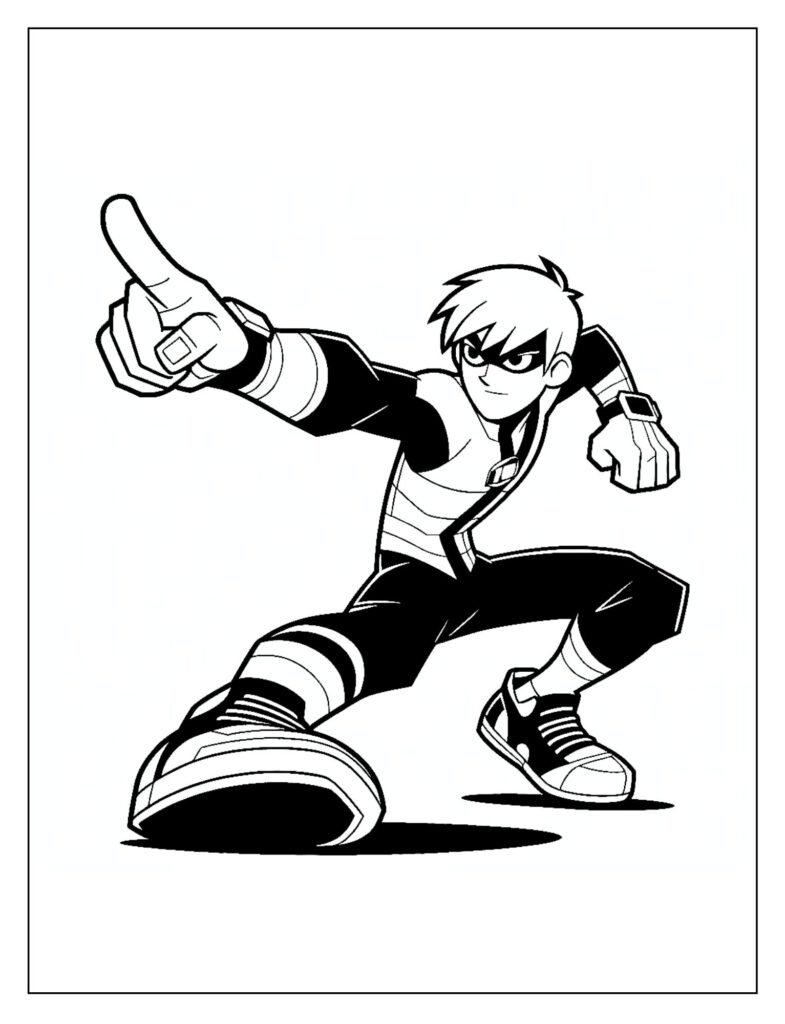 A black and white drawing featuring Ben 10 with bright energy effects emanating from him or his Omnitrix, ready for coloring.