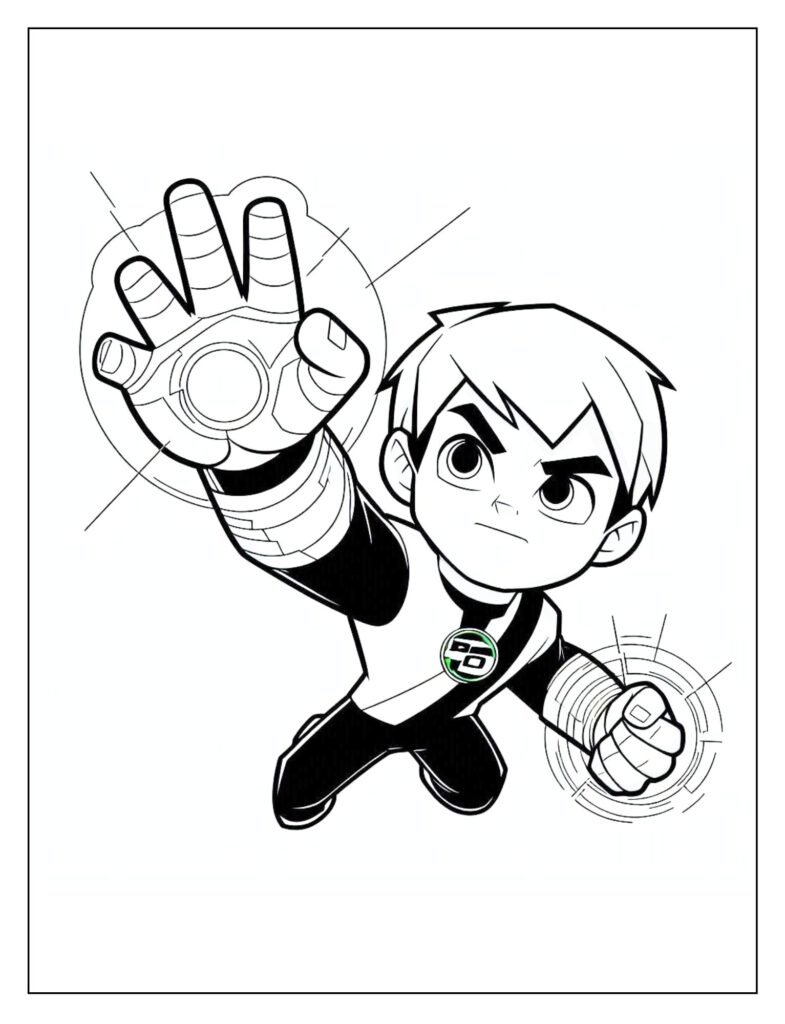 A line art drawing of Ben 10, perhaps with a stitched or patched effect around his Omnitrix or powers, ready for coloring.
