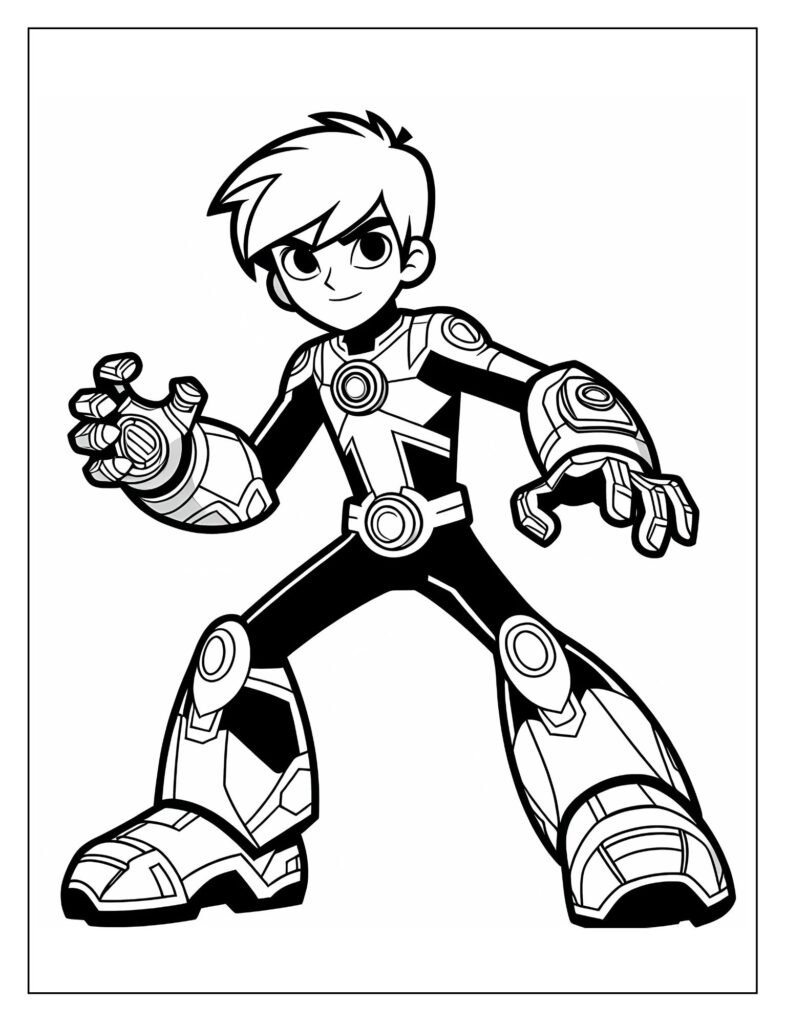 An outline drawing showcasing Ben 10 using his Omnitrix, with various power symbols or energy effects around him, designed for coloring.