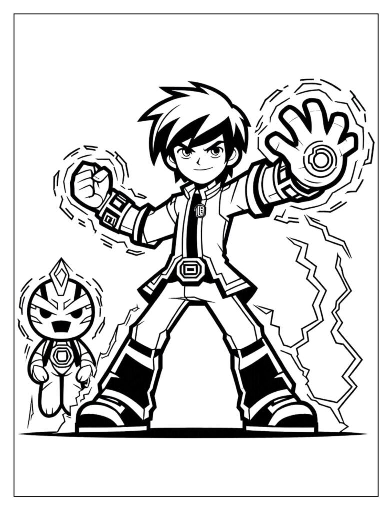 A black and white drawing showing Ben 10, likely in an ultimate alien form, demonstrating immense power with energy effects, ready for coloring.