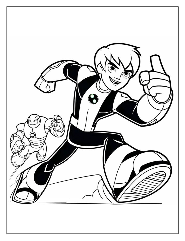A line art illustration depicting Ben 10 alongside various alien characters or iconic elements from his universe, ready to be colored.
